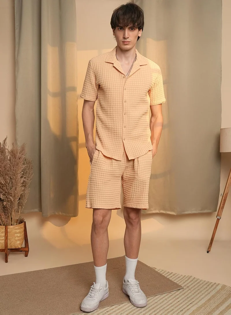 Campus Sutra Men's Canvas Beige Waffle-Textured Co-Ord Set For Casual Wear | Cuban Collar | Short Sleeve | Button Closure | Co-Ords Crafted With Comfort Fit For Everyday Wear